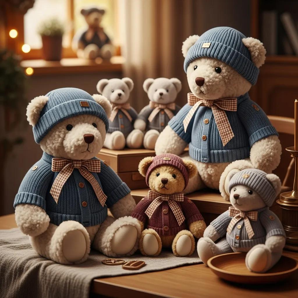 A collection of premium plush toys and teddy bears showcasing luxury materials and craftsmanship