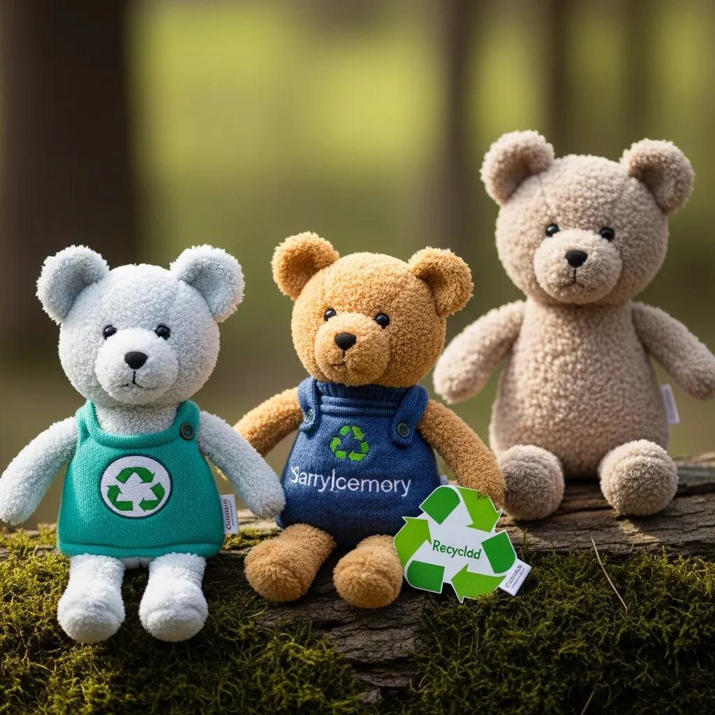 A variety of sustainable plush toys made from organic and recycled materials in a natural setting