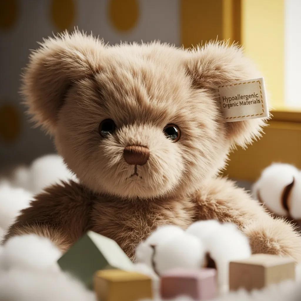 Close-up of a luxury stuffed animal emphasizing softness, safety features, and high-quality materials